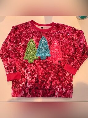Pink Sequin Holiday Sweatshirt with Tree Appliqués Printed on Sweatshirt Size L